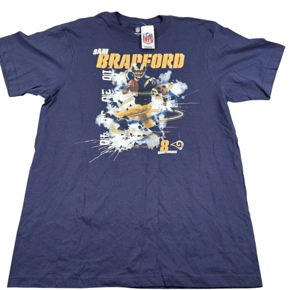 NWT NFL Sam Bradford Rams Mens Navy Blue Cotton Sports‎ Football T-Shirt Rare L - Picture 2 of 7